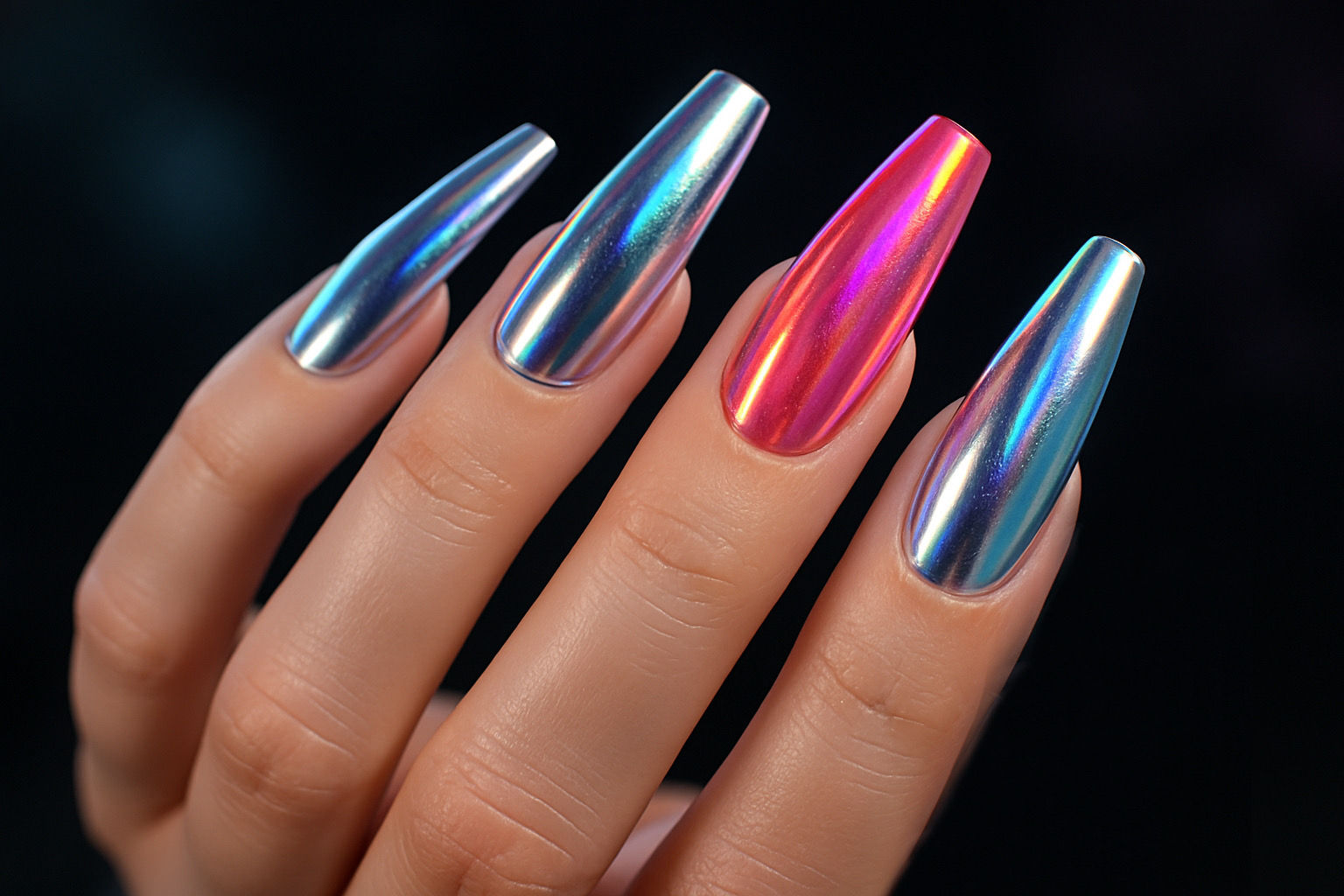 Detailní pohled na gelovou manikúru s trendy chromovým a holografickým efektem v odstínech stříbrné, růžové a duhové – nehtový design 2025 pro moderní ženy, inspirace pro gelové nehty v salonu krásy Barbitch.cz v Brně.