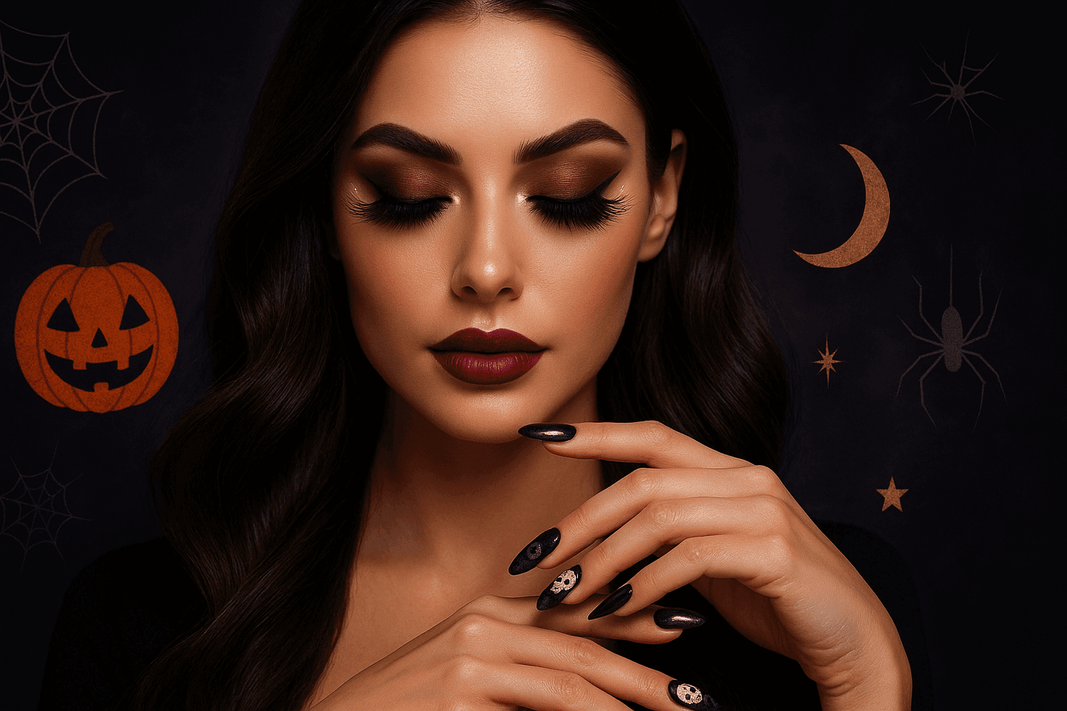 Halloween manikúra Brno 2025 s prodlouženými řasami a tvarovaným obočím -  profesionální beauty look s černými nehty, fialovou a zlatými detaily
