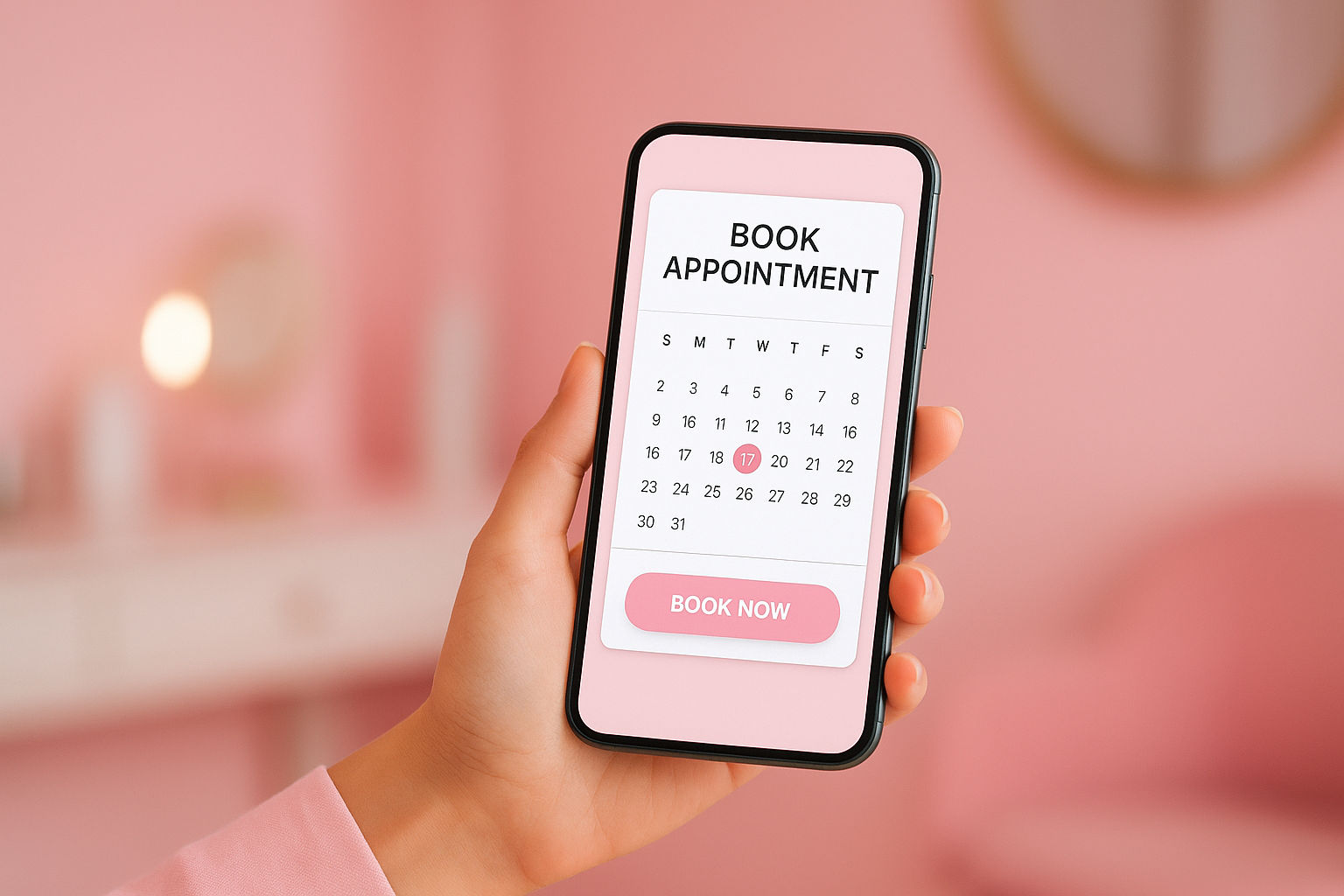 Ruka ženy držící smartphone s otevřeným rezervačním kalendářem v růžovém beauty prostředí – symbol jednoduché online rezervace v salonu Barbitch Brno.