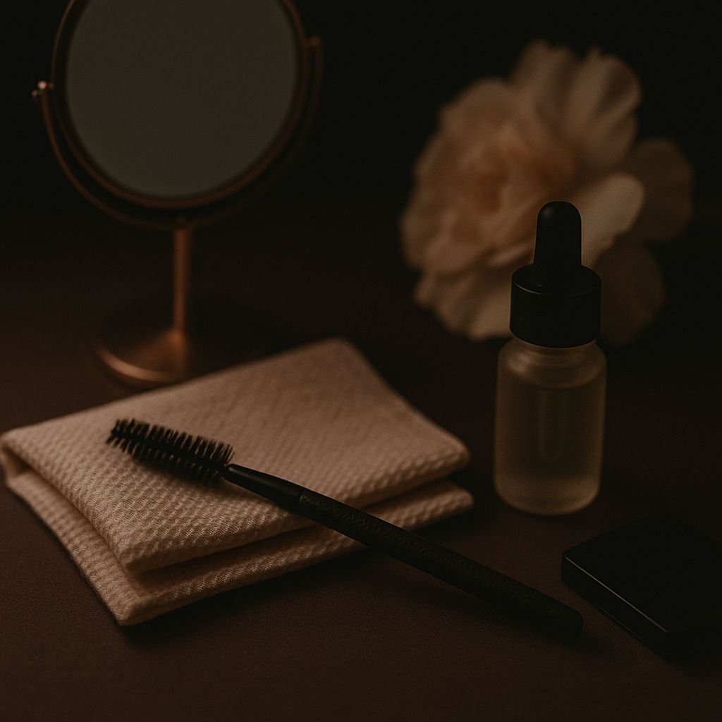 Stylingová scéna s kosmetickými nástroji: kartáček na obočí, kapátko s olejíčkem, zrcátko a jemná květina v teplém osvětlení.