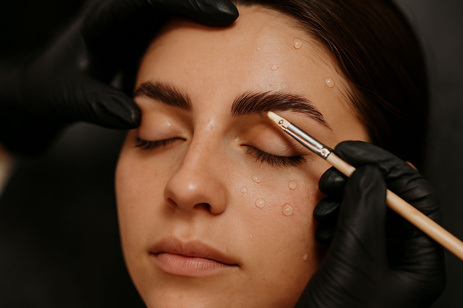 Kosmetička nanáší přípravek na obočí během laminace, detailní záběr s kapkami vody na pleti klientky během procedury.