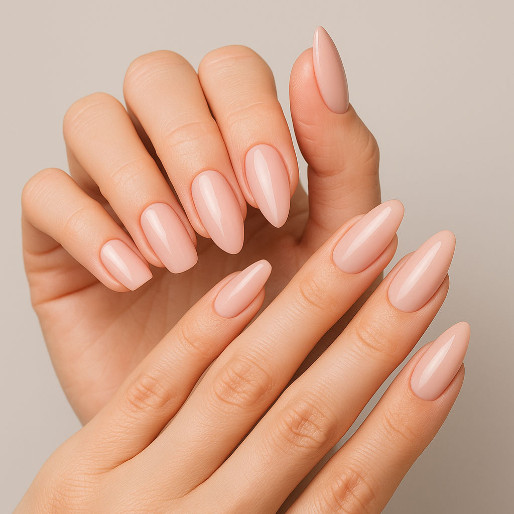 Detailní záběr ženských rukou s elegantní manikúrou v jemných pastelových odstínech, každá ruka s jiným tvarem nehtů, čisté neutrální pozadí.