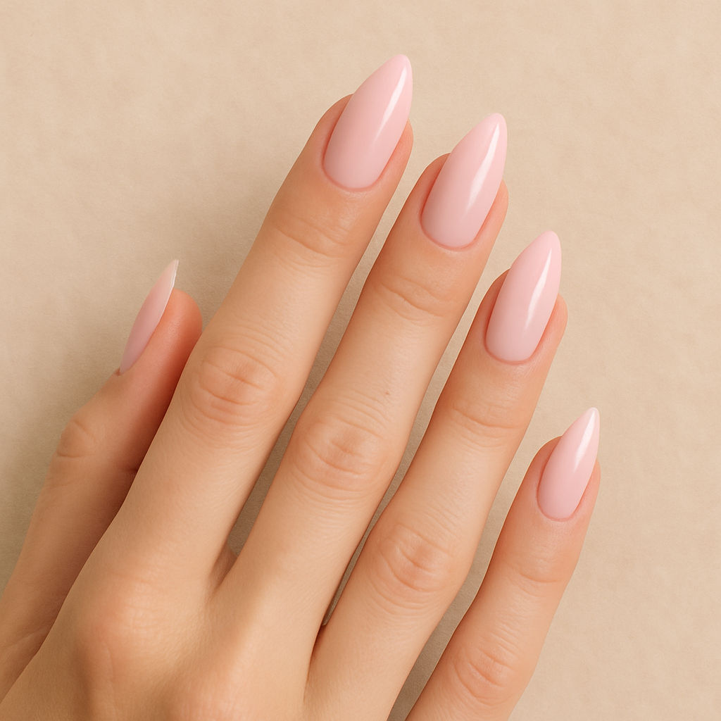 Detailní záběr ženských rukou s mandlovými nehty v jemném pastelovém odstínu na neutrálním pozadí