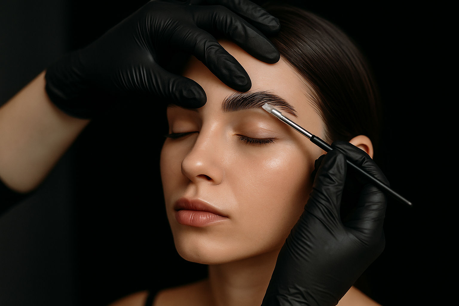 Profesionální laminace obočí v salonu – kosmetička v černých rukavicích pečlivě nanáší přípravek na obočí klientky během procedury, detailní studiová fotografie.
