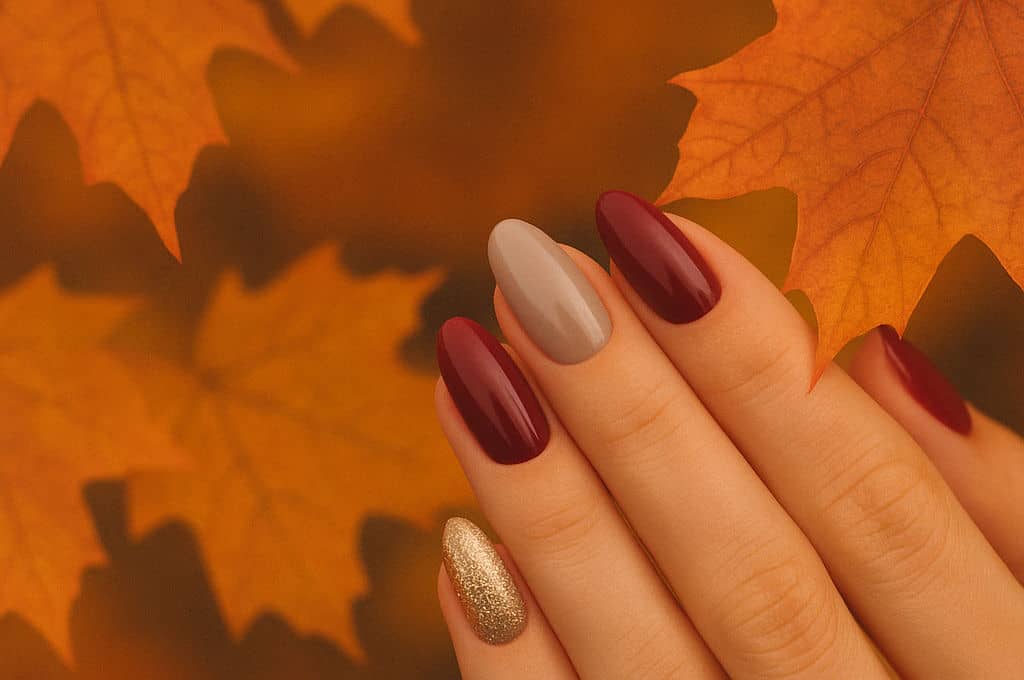 Detailní záběr na ženskou ruku s podzimní manikúrou – nehty v odstínech vínové, béžové a zlaté s lesklým povrchem, na pozadí podzimních oranžových listů.