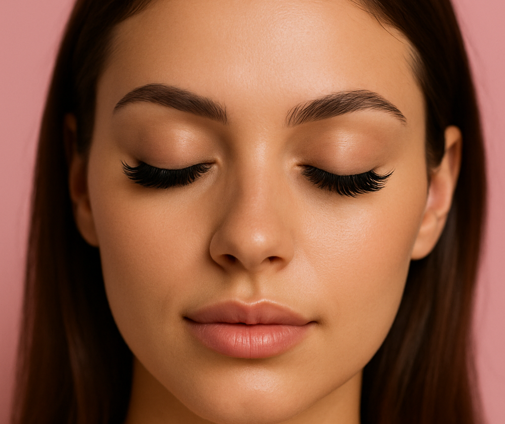 Detailní portrét ženy s prodlouženými řasami a přirozenou barvou pleti, s jemně zavřenýma očima, ve studiu s růžovým pozadím – ideální reprezentace kvalitní lash služby v Barbitch Beauty Salonu Brno.