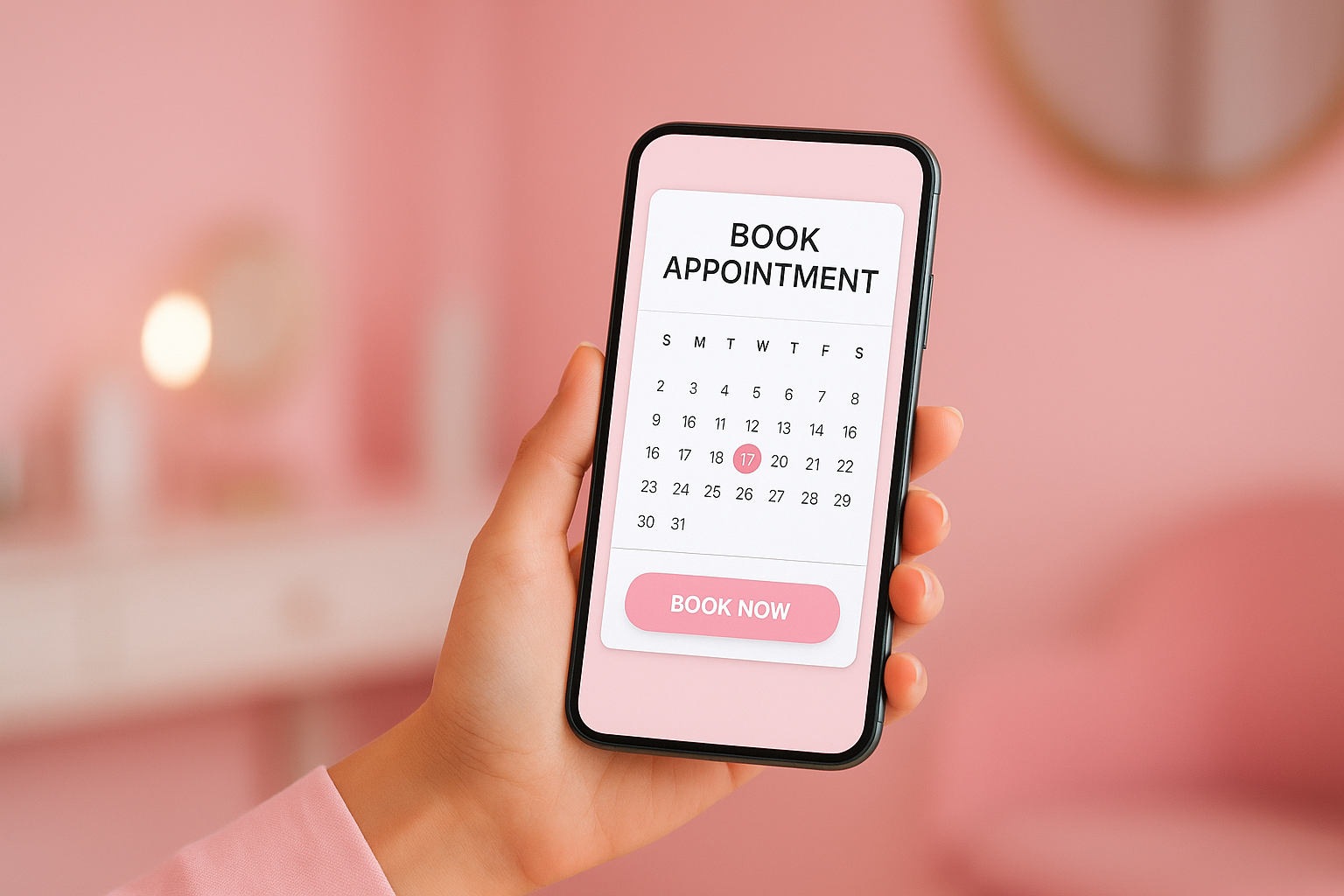 Ruka ženy držící smartphone s otevřeným rezervačním kalendářem v růžovém beauty prostředí – symbol jednoduché online rezervace v salonu Barbitch Brno.